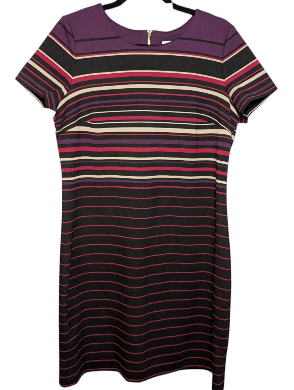 Calvin Klein Black, Purple & Pink Striped Short Sleeve Dress
